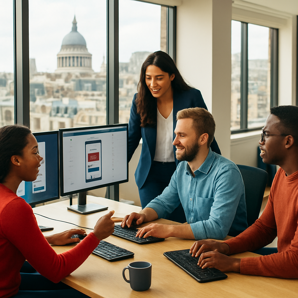 Our London app development team collaborating in the studio