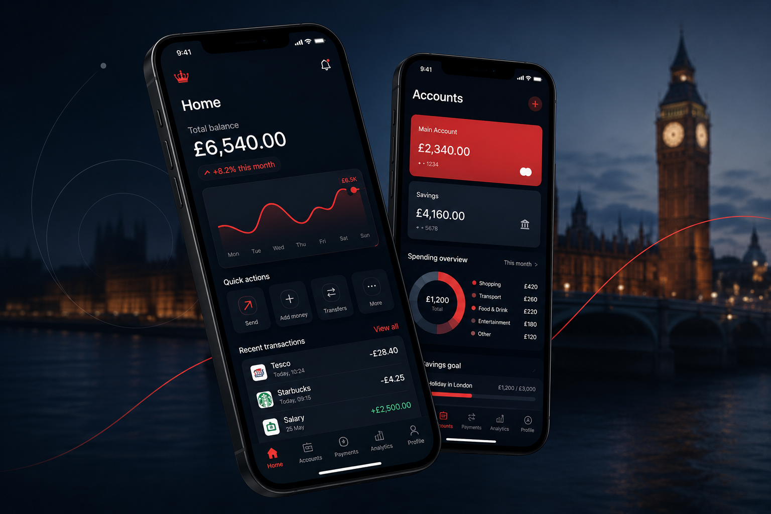 Digital banking app built by our London team, shown on two iPhones against the London skyline at night